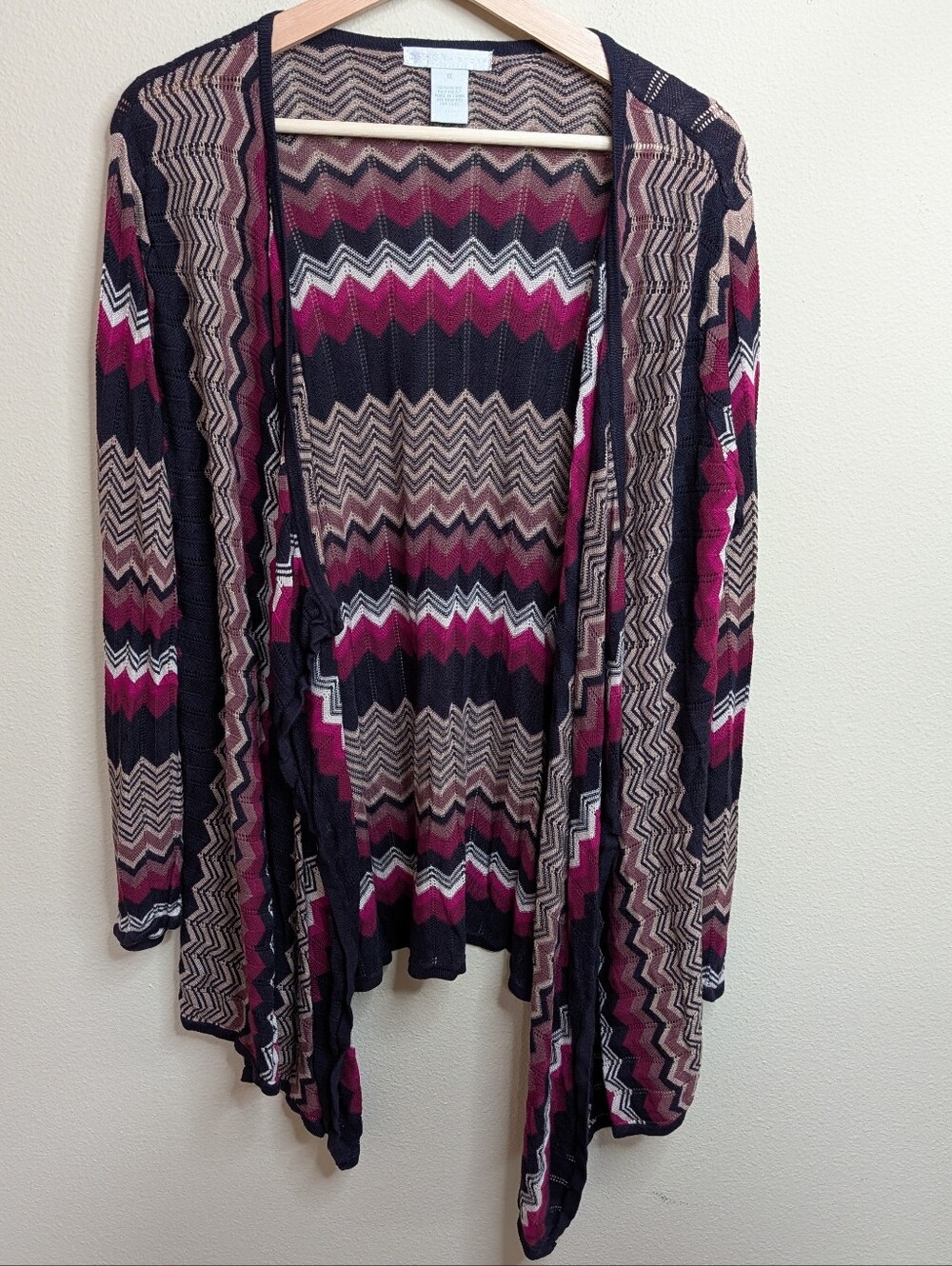 Design History 1X Chevron Knit Cardigan Black Magenta Taupe Open Front Plus Size